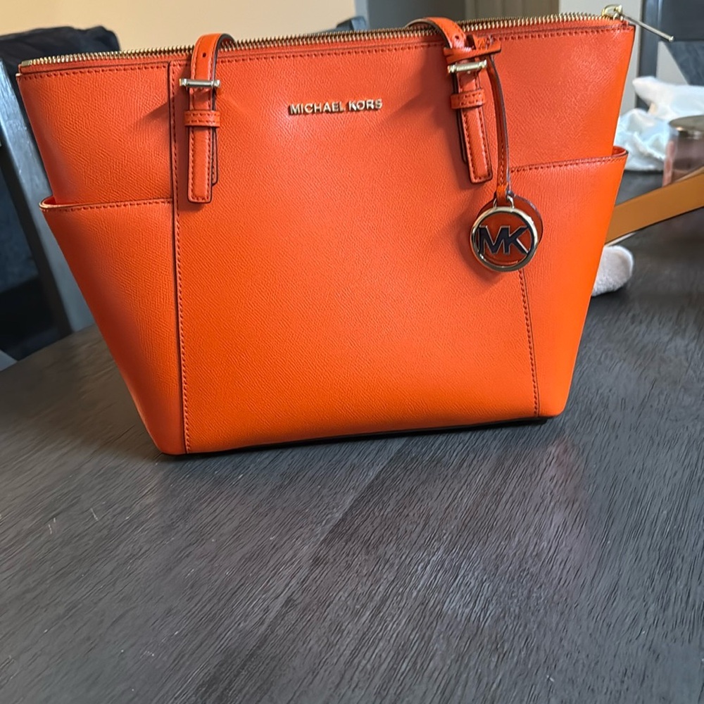 Michael Kors Orange Tote with Structured Shape and Gold Accents